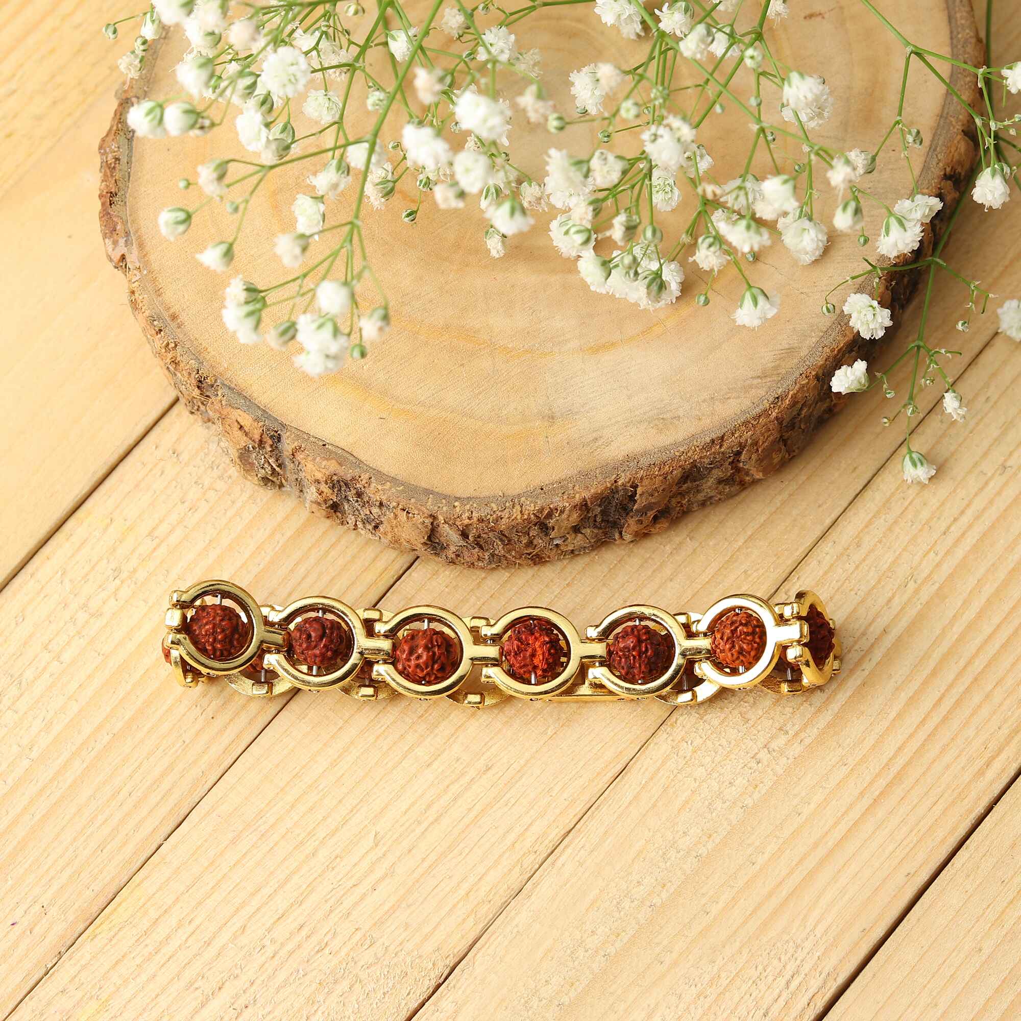 Gold Plated Round Rudraksha Bracelet