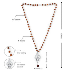 Silver Plated OM Shiva Trishool Rudraksha Necklace – 54 Beads, Lab Certified