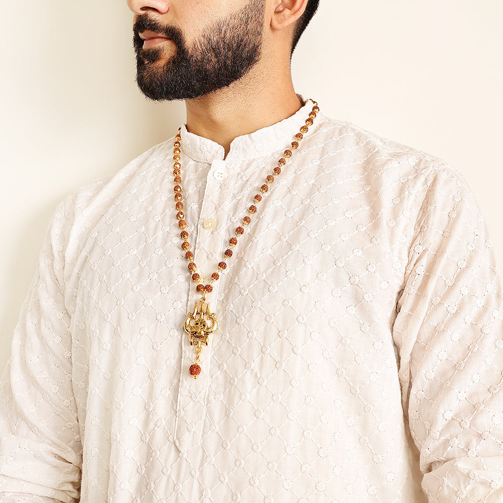 Gold Plated OM Shiva Trishool Rudraksha Necklace – 54 Beads, Lab Certified