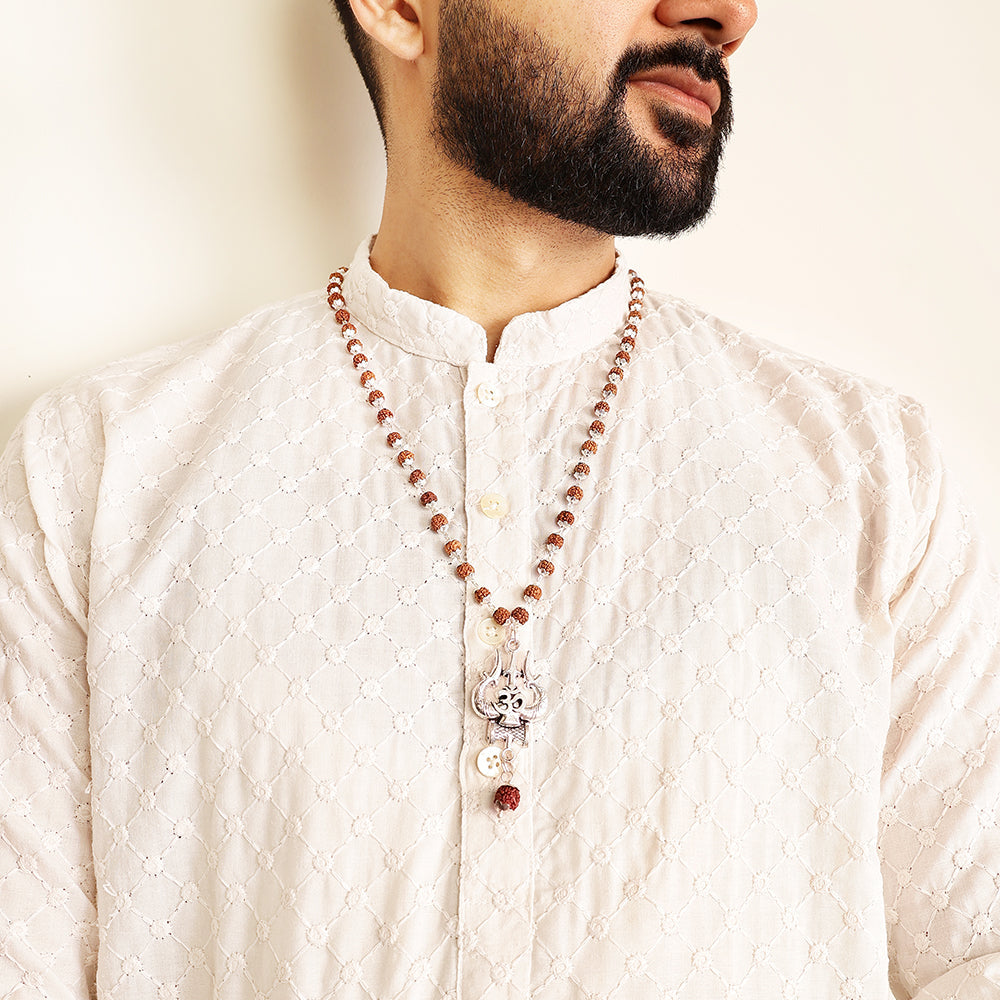 Silver Plated OM Shiva Trishool Rudraksha Necklace – 54 Beads, Lab Certified