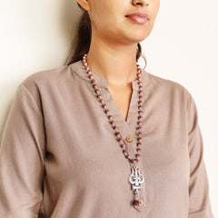 Silver Plated OM Shiva Trishool Rudraksha Necklace – 54 Beads, Lab Certified