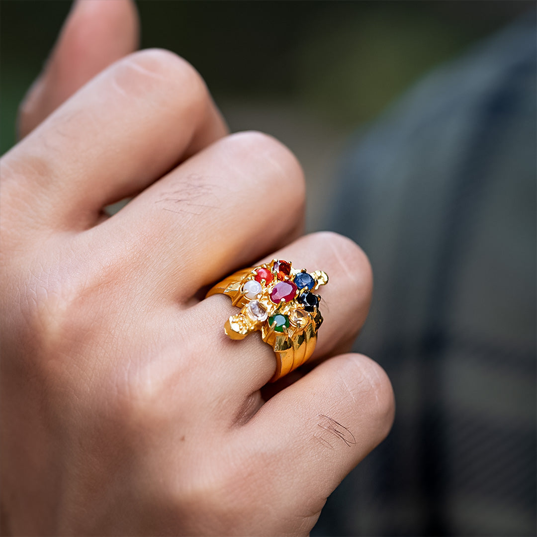 Gold Plated Navaratna Tortoise Ring in Panchdhatu - Adjustable Fit