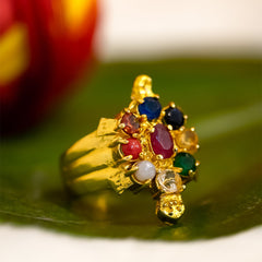 Gold Plated Navaratna Tortoise Ring in Panchdhatu - Adjustable Fit