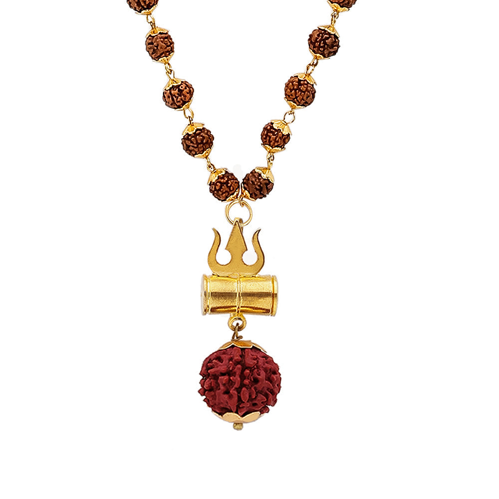 Gold Plated Shiva Damroo Trishool Rudraksha Necklace – 54 Beads, Lab Certified