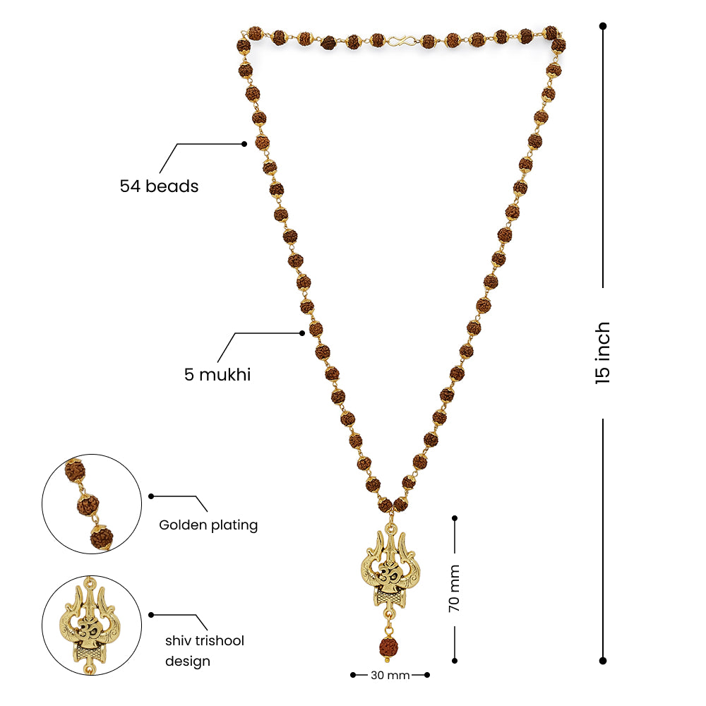 Gold Plated OM Shiva Trishool Rudraksha Necklace – 54 Beads, Lab Certified