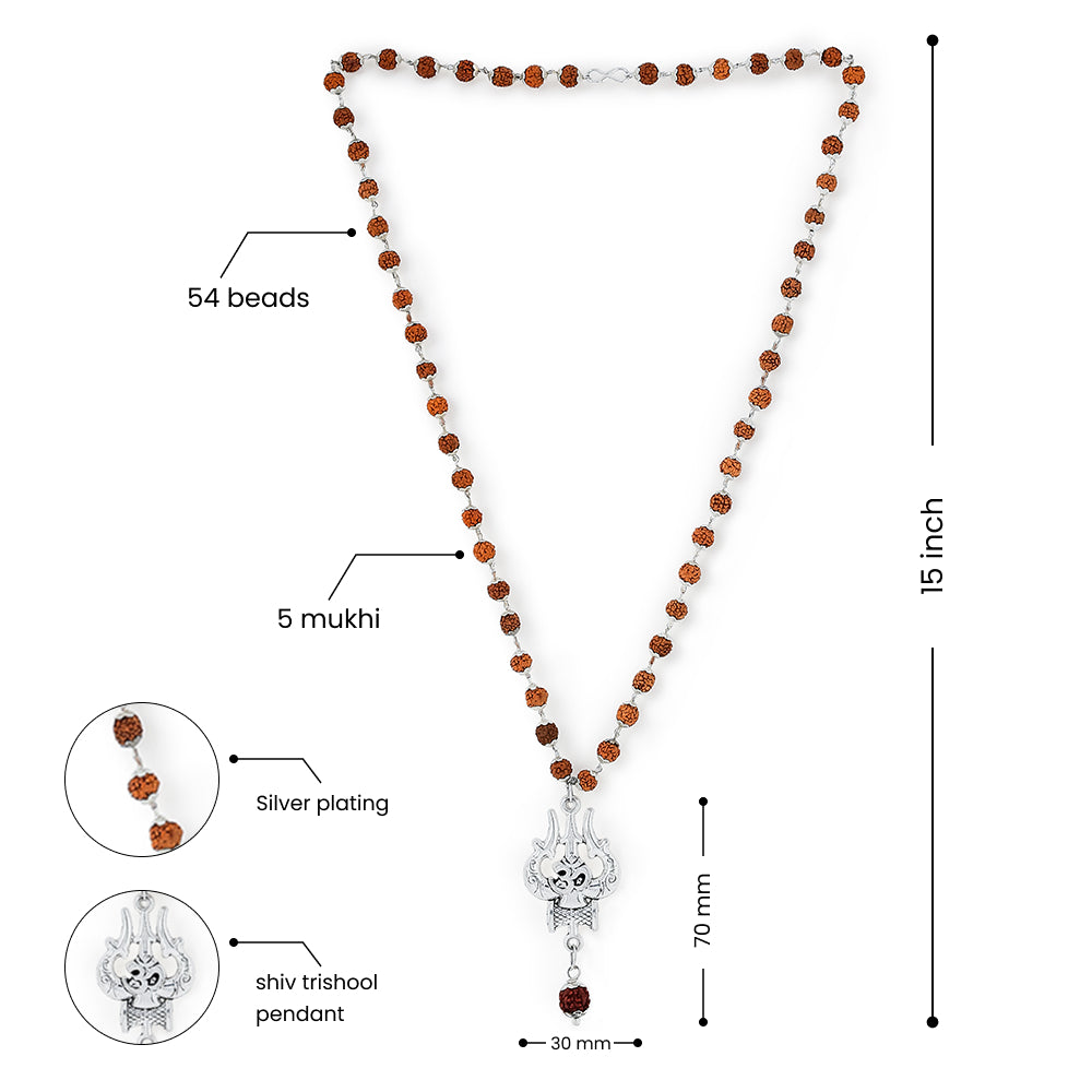 Silver Plated OM Shiva Trishool Rudraksha Necklace – 54 Beads, Lab Certified