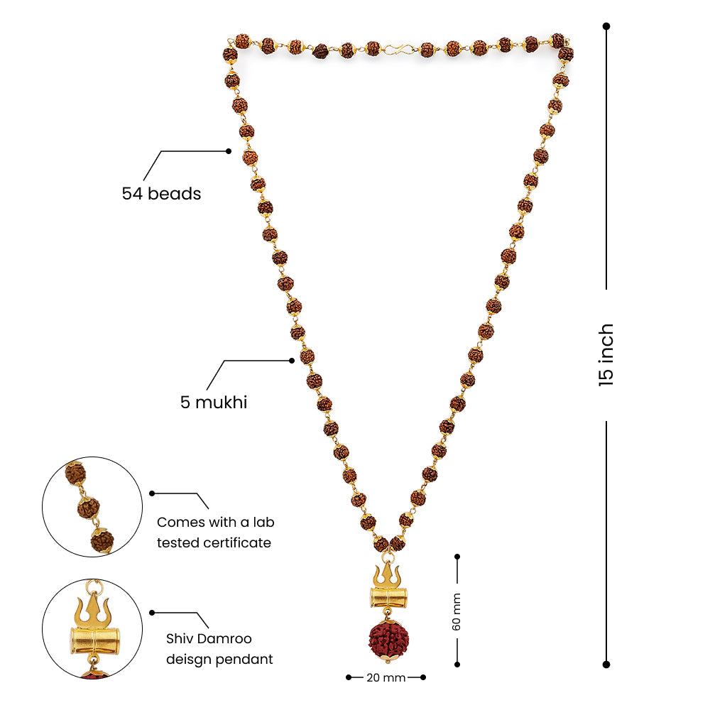 Gold Plated Shiva Damroo Trishool Rudraksha Necklace – 54 Beads, Lab Certified