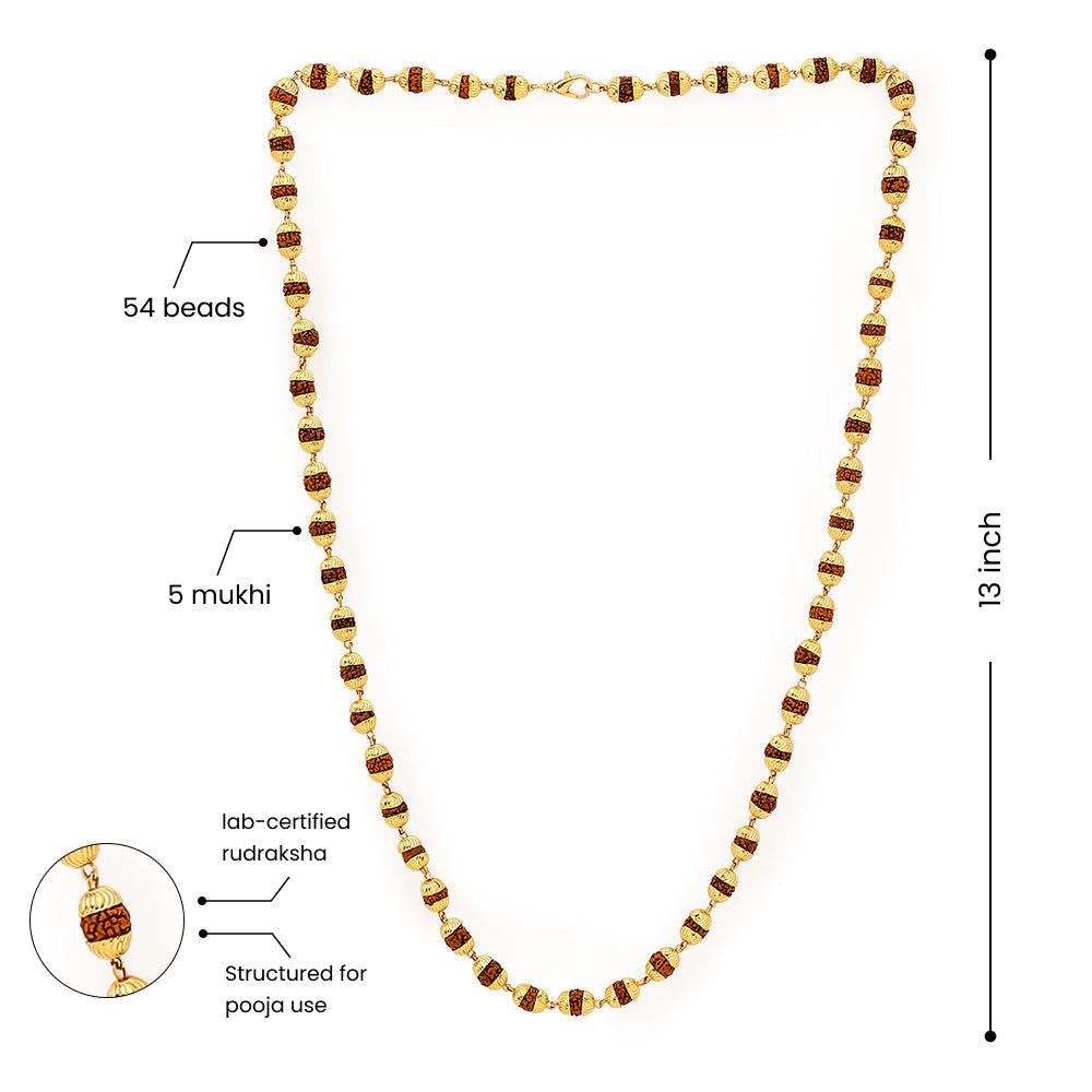 Golden Cap Rudraksha Necklace – 54 Beads, Lab Certified