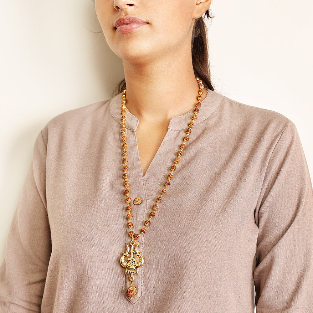 Gold Plated OM Shiva Trishool Rudraksha Necklace – 54 Beads, Lab Certified